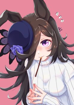 Rule 34 | 1girl, absurdres, animal ears, blue flower, blue hat, blue rose, blush, breasts, brown hair, closed mouth, commentary request, flipped hair, flower, hair over one eye, hat, hat flower, highres, horse ears, horse girl, long hair, long sleeves, looking at viewer, medium breasts, neru ika, pink background, purple eyes, ribbed sweater, rice shower (umamusume), rose, simple background, solo, steepled fingers, sweater, tilted headwear, umamusume, white sweater