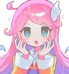 Rule 34 | 1girl, absurdres, ahoge, blue eyes, blush, flying sweatdrops, highres, long hair, long sleeves, looking at viewer, offbeat, open mouth, pink hair, puyopuyo, raffina (puyopuyo), simple background, solo, white background