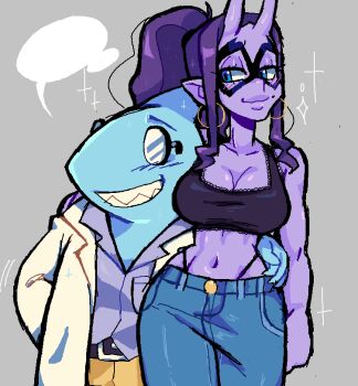 1boy 1girl alternate_costume belt blue_eyes blush casual colored_skin contemporary cowboy_shot d._violet_(skullgirls) demon_girl demon_horns denim domino_mask earrings eye_mask glasses hand_on_another's_hip hand_on_another's_shoulder hoop_earrings horns jeans jewelry lab_coat long_hair looking_at_another mask mercysstrap navel pants ponytail purple_hair purple_skin shark_boy skullgirls smile speech_bubble stanley_whitefin tank_top thong