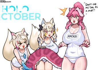 &gt;_&lt; 3girls absurdres animal_ears artist_name bare_shoulders black_bow blaparky blonde_hair blue_hair blue_nails blush bow breasts character_name cleavage closed_eyes collarbone colored_inner_animal_ears commentary covered_navel dog_ears dog_girl dog_tail english_commentary english_text fang fangs fingernails fuwawa_abyssgard hair_bow hair_intakes hair_ornament hairclip high_ponytail highres hololive hololive_english huge_breasts long_hair medium_hair mococo_abyssgard multicolored_hair multiple_girls nail_polish name_tag old_school_swimsuit one-piece_swimsuit open_mouth panther_ears panther_girl panther_tail pink_eyes pink_hair pink_nails pink_tail ponytail raora_panthera school_swimsuit shiny_skin simple_background smile streaked_hair swimsuit tail thighs twitter_username two-tone_hair two_side_up v-shaped_eyebrows virtual_youtuber wet white_background white_one-piece_swimsuit yellow_eyes yellow_tail