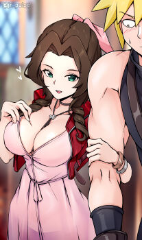 1boy 1girl absurdres aerith_gainsborough alternate_breast_size armchair blurry blurry_background bolo_tie breasts brown_hair chair cleavage clothes_pull cloud_strife cropped_jacket dress final_fantasy final_fantasy_vii final_fantasy_vii_remake highres jrpulse large_breasts locked_arms long_dress looking_at_another love_triangle open_mouth pink_dress pulling_own_clothes smile spiked_hair teasing teeth top_pull upper_teeth_only