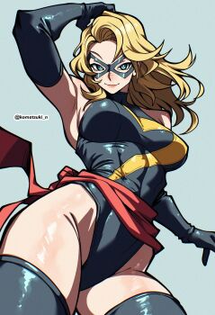 1girl absurdres animification armpits arms_up black_gloves black_leotard black_mask black_thighhighs blonde_hair blue_eyes breasts carol_danvers covered_navel domino_mask elbow_gloves eye_mask gloves highleg highleg_leotard highres komatsuki_n large_breasts leotard long_hair looking_at_viewer marvel mask medium_breasts ms._marvel red_sash sash simple_background solo superhero_costume thighhighs twitter_username