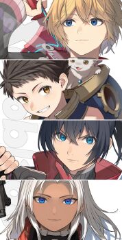 1girl 3boys black_hair blonde_hair blue_eyes brown_hair close-up copyright_name elma_(xenoblade_x) grey_hair highres kinagi_(3307377) long_hair male_focus multiple_boys noah_(xenoblade) rex_(xenoblade) short_hair shulk_(xenoblade) simple_background white_background xenoblade_chronicles_(series) xenoblade_chronicles_1 xenoblade_chronicles_2 xenoblade_chronicles_3 xenoblade_chronicles_x