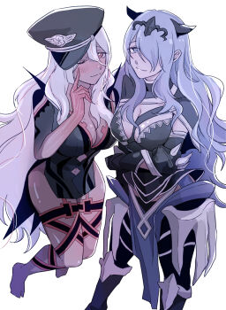 Rule 34 | 2girls, absurdres, ai the somnium files, ai the somnium files: nirvana initiative, armor, black armor, black bodysuit, bodysuit, breasts, camilla (fire emblem), cleavage, commentary request, crossover, dark-skinned female, dark skin, fire emblem, fire emblem fates, hair between eyes, hair ornament, hair over one eye, hat, highres, large breasts, long hair, looking at viewer, multiple girls, nintendo, one eye closed, ookutsuwa waga, pink eyes, police hat, purple eyes, purple hair, simple background, smile, tama (ai the somnium files), thigh strap, tiara, vambraces, very long hair, wavy hair, white background, white hair