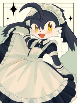 1boy :d alternate_costume animal_ears animal_nose apron arm_up black_dress black_fur black_ribbon blush border bow buttons cabbit clothes_lift collared_dress commentary cowboy_shot crossdressing crossdressing_(mtf) dress dress_lift ear_ribbon enmaided fangs four-pointed_star frilled_apron frills furry furry_male grid_background headdress highres kaze_no_klonoa klonoa kuro_(user_uwrm3742) looking_at_viewer maid maid_headdress male_focus open_mouth outside_border pleated_dress puffy_short_sleeves puffy_sleeves ribbon short_sleeves smile solo star_(symbol) teeth triangle_mouth two-tone_fur upper_teeth_only very_long_ears white_apron white_background white_border white_fur white_headdress white_wrist_cuffs wrist_cuffs yellow_eyes
