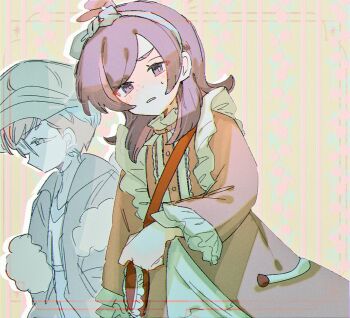 2girls bag blue_hair blush closed_mouth dot_(pokemon) dress frilled_dress frills glasses hair_ornament hair_ribbon hat jacket long_hair long_sleeves multicolored_hair multiple_girls nintendo open_mouth penny_(pokemon) pink_dress pink_hair pokemon pokemon_(anime) pokemon_horizons purple_eyes purple_hair red_hair ribbon round_eyewear shirt short_hair sweatdrop togoya_hanken two-tone_hair