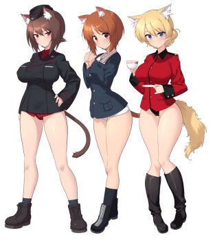Rule 34 | 3girls, animal ears, black boots, black panties, blonde hair, blue eyes, blush, boots, braid, breasts, brown eyes, brown hair, cameltoe, cat ears, cat girl, closed mouth, commentary request, crossover, cup, darjeeling (girls und panzer), fox ears, fox girl, fox tail, full body, girls und panzer, hand on own hip, hat, highres, holding, holding cup, kuromorimine military uniform, kuzuryuu kennosuke, large breasts, looking at viewer, military hat, military uniform, multiple girls, nishizumi maho, nishizumi miho, ooarai military uniform, panties, red panties, short hair, simple background, small breasts, smile, st. gloriana's military uniform, tail, teacup, they're not panties, underwear, white background, white panties, world witches series