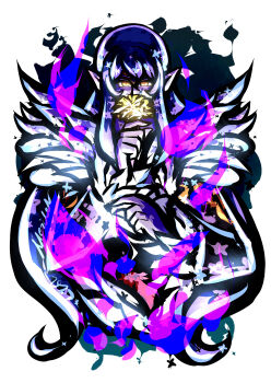 Rule 34 | 1girl, 7marichan7, absurdres, aura, circlet, coat, commentary, covered mouth, dark aura, dark queen (sonic), english commentary, facial mark, flower, fur-trimmed coat, fur trim, glowing, glowing eyes, highres, holding, holding flower, long hair, long sleeves, looking at viewer, merlina (sonic), pointy ears, purple hair, solo, sonic (series), sonic and the black knight, white background, yellow eyes