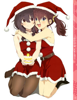 Rule 34 | 2girls, :d, absurdres, bare arms, belt, black hair, black pantyhose, black socks, blue eyes, blush, brown eyes, brown hair, cake, christmas, closed mouth, dress, food, furutachi kurea, hair between eyes, hair ornament, hair scrunchie, hat, hibi wa sugiredo meshi umashi, highres, holding, holding cake, holding food, hug, kawai mako, long hair, looking at viewer, magazine scan, megami magazine, multiple girls, official art, open mouth, pantyhose, santa costume, santa dress, santa hat, scan, scrunchie, sidelocks, simple background, smile, socks, strawberry shortcake, teeth, twintails, upper teeth only, white background
