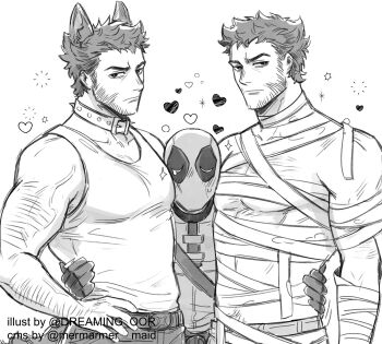 3boys animal_ears arm_hair bandaged_arm bandages bara beard belt between_pecs between_pectorals blush bodysuit boy_sandwich cheek_press chest_hair closed_mouth collar commission cosplay deadpool deadpool_&amp;_wolverine deadpool_(series) dreaming_oor dual_persona facial_hair halloween_costume hand_on_another&#039;s_waist head_between_pecs heart highres large_pectorals looking_at_viewer male_focus marvel marvel mask mature_male monochrome multiple_boys mummy_costume muscular muscular_male pants pectorals sandwiched second-party_source short_hair superhero_costume tail tank_top tearing_up v-shaped_eyebrows veins veiny_arms werewolf_costume wolf_ears wolf_tail wolverine_(x-men) x-men yaoi