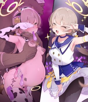 1boy 1girl animal_ear_hairband animal_ears animal_print armpits ashiba barcode barcode_tattoo bell bikini black_pantyhose blue_archive blue_choker blue_corset blush body_writing breasts brown_hair choker clothed_sex condom condom_belt condom_in_mouth condom_packet_strip condom_thigh_strap condom_wrapper corset covering_one_eye cow_ear_hairband cow_ears cow_horns cow_print cow_print_bikini cow_print_gloves cow_print_thighhighs cow_tail cowbell dark-skinned_male dark_skin doodle_sensei_(blue_archive) ear_tag elbow_gloves fake_animal_ears fake_horns gloves grabbing_another&#039;s_breast groping hairband halo happy_sex heart hetero hifumi_(blue_archive) highres horns id_card idol idol_clothes mischievous_straight_uniform_(blue_archive) mouth_hold multiple_condoms navel neck_bell nipple_piercing nipples official_alternate_costume one_eye_closed open_mouth pantyhose piercing pointless_condom pregnancy_halo pregnant print_bikini print_gloves print_thighhighs pubic_hair sensei_(blue_archive) sex sex_from_behind small_breasts smile stage stray_pubic_hair sweat swimsuit tail tally tattoo thighhighs used_condom used_condom_in_clothes v variant_set wink