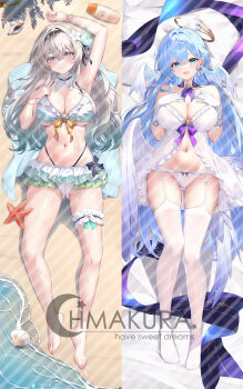 2girls aqua_eyes aqua_hair arm_up armpits barefoot beach bikini blush breasts closed_mouth commentary feathered_wings firefly_(honkai:_star_rail) frilled_thigh_strap gloves gradient_hair green_bikini grey_hair hair_between_eyes hair_ornament hands_on_own_chest head_wings honkai:_star_rail honkai_(series) kuroida large_breasts long_hair looking_at_viewer lying multicolored_hair multiple_girls multiple_wings navel open_mouth robin_(honkai:_star_rail) smile stomach swimsuit thigh_strap very_long_hair white_gloves wings