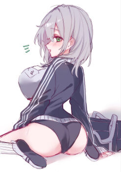 1girl alternate_costume ass black_jacket black_panties breasts commentary_request green_eyes grey_hair highres hololive jacket large_breasts looking_at_viewer medium_hair panties saka_x_x shirogane_noel shirt sideboob smile solo underwear virtual_youtuber white_background white_shirt