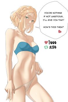1girl armpits bare_arms bare_shoulders blonde_hair blue_bra bra braid breasts collarbone english_text gluteal_fold green_eyes grin heart highres looking_at_viewer medium_breasts midriff navel nintendo panties panty_pull pointy_ears pomelomelon princess_zelda short_hair smile solo strapless strapless_bra teasing the_legend_of_zelda the_legend_of_zelda:_tears_of_the_kingdom thighs twitter_strip_game underwear undressing white_background white_panties