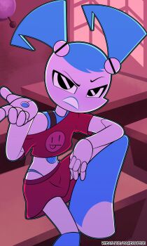 1girl absurdres android artist_name blue_hair colored_skin hand_up highres jenny_wakeman joints knee_up looking_at_viewer miniskirt my_life_as_a_teenage_robot off_shoulder red_shirt red_skirt robot robot_girl robot_joints shirt single_bare_shoulder sitting skirt solo twintails wheatly101 white_skin