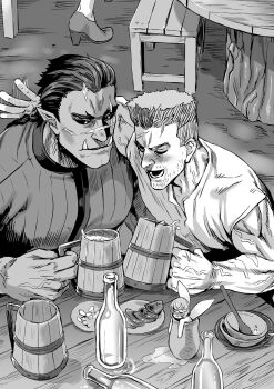 1girl 2boys alcohol asanagi bash_(orc_eiyuu_monogatari) breeze_kugel cup drunk facial_hair fairy flattop greyscale highres in_container in_cup indoors monochrome multiple_boys novel_illustration official_art orc orc_eiyuu_monogatari patting_back pointy_ears scar scar_across_eye scar_on_face scar_on_nose stubble tankard tusks wings zell_(orc_eiyuu_monogatari)