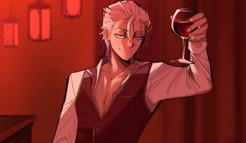 Rule 34 | 1boy, alcohol, blue eyes, blue hair, collarbone, collared shirt, commentary, cup, drinking glass, english commentary, gavis bettel, gigglepox, hair between eyes, hair pulled back, heterochromia, highres, holding, holding cup, holostars, holostars english, lantern, long shirt, looking at viewer, loose hair strand, multicolored hair, pink eyes, pink hair, shirt, smile, solo, toasting (gesture), vest, virtual youtuber, white hair, white shirt, wine, wine glass