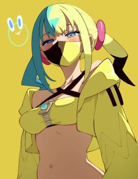 1girl akino_sora bandeau black_mask blonde_hair blue_eyes blue_hair breasts canari_(pokemon) commentary_request dark-skinned_female dark_skin highres jacket looking_at_viewer mask medium_breasts mouth_mask multicolored_hair navel nintendo open_clothes open_jacket pokemon pokemon_legends:_z-a short_hair simple_background solo two-tone_mask yellow_background yellow_bandeau yellow_jacket yellow_mask