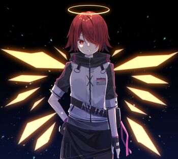 1girl arknights black_background black_pantyhose closed_mouth exusiai_(arknights) formal_clothes gradient_background hair_over_one_eye highres jacket looking_at_viewer one_eye_covered pantyhose red_eyes red_hair short_hair simple_background solo suit zoirun