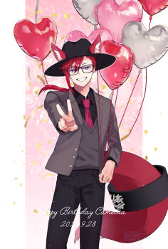 1boy absurdres animal_ears balloon birthday bishounen blue_eyes camellia_(cametek) camellia_(musician) commentary_request formal_clothes fox_boy fox_ears fox_tail gentian18 glasses grin happy_birthday hat heart_balloon highres j-core long_hair looking_at_viewer male_focus necktie ponytail red_hair smile solo suit tail tail_cuff