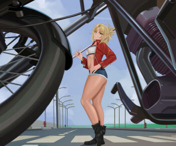 1girl absurdres black_boots blonde_hair boots crosswalk cutoffs denim denim_shorts fate/apocrypha fate_(series) fire_hydrant full_body green_eyes grin hand_on_own_hip highres jacket lamppost legs long_sleeves mordred_(fate) mordred_(fate/apocrypha) motor_vehicle motorcycle navel ponytail quatthro red_jacket shorts sky smile solo stomach thighs