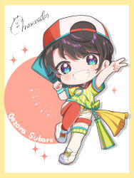 Rule 34 | 1girl, :d, asymmetrical legwear, baseball cap, black hair, blue eyes, character name, chibi, chibi only, commentary request, full body, grin, hat, highres, hololive, looking at viewer, loose clothes, loose shirt, megaphone, mismatched legwear, momone cco, oozora subaru, oozora subaru (1st costume), open mouth, oversized clothes, oversized shirt, red hat, red thighhighs, shirt, shoes, short hair, short sleeves, shorts, sideways hat, signature, smile, sneakers, solo, stopwatch, striped clothes, striped shirt, swept bangs, t-shirt, thighhighs, tied shirt, two-tone headwear, two-tone shirt, v, v-shaped eyebrows, vertical-striped clothes, vertical-striped shirt, virtual youtuber, watch, white footwear, white shirt, white shorts, white thighhighs, wristband, yellow shirt