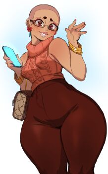 0lightsource 1girl bag blush bracelet brianna_(0lightsource) brown_bag brown_eyes brown_pants cellphone commentary cowboy_shot curvy dark-skinned_female dark_skin earrings english_commentary eyelashes eyeshadow fingernails gold_bracelet handbag high-waist_pants highres holding holding_phone jewelry lips makeup multiple_bracelets nail_polish orange_sweater original pants phone pink_nails shaved_head short_hair sleeveless sleeveless_sweater sleeveless_turtleneck smartphone smile solo sweater thick_eyebrows thick_thighs thighs turtleneck turtleneck_sweater very_short_hair waving white_background