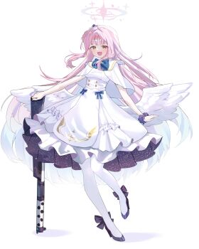 1girl absurdres angel_wings blue_archive breasts buttons capelet commentary_request ddd_(cydv3424) double-breasted dress feathered_wings frilled_dress frills full_body gradient_hair gun hair_bun halo high-waist_skirt high_heels highres holding holding_gun holding_weapon lanchester_smg long_hair looking_at_viewer low_wings machine_gun medium_breasts mika_(blue_archive) multicolored_hair pantyhose pink_hair pink_halo scrunchie side_up_bun simple_background single_hair_bun skirt solo standing submachine_gun underbust very_long_hair weapon white_background white_capelet white_dress white_overskirt white_pantyhose white_scrunchie white_skirt wing_ornament wings yellow_eyes