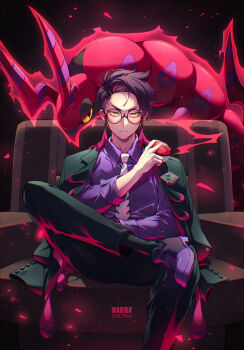 1boy antennae black-framed_eyewear black_hair black_jacket black_pants bug centipede closed_mouth collared_shirt colored_sclera corbeau_(pokemon) crossed_legs eyewear_strap frown gen_5_pokemon glasses highres holding holding_poke_ball horns jacket kishishiotani long_sleeves looking_at_viewer male_focus mega_stone necktie nintendo open_clothes open_jacket pants parted_hair poke_ball poke_ball_(basic) pokemon pokemon_(creature) pokemon_legends:_z-a purple_hair purple_shirt round_eyewear scolipede shirt short_hair sitting solo white_necktie yellow_eyes yellow_sclera