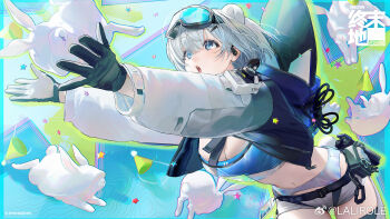 1girl animal_ears arknights arknights:_endfield aurora_(arknights) bear_ears bear_girl black_gloves blue_eyes blue_sports_bra catching clothing_cutout commentary_request cropped_jacket earpiece extra_ears gloves goggles goggles_on_head highres jacket lal!role long_sleeves looking_up midriff multicolored_gloves navel open_clothes open_jacket open_mouth pants rabbit short_hair shorts ski_goggles snowshine_(arknights) solo sports_bra thigh_cutout two-tone_gloves watermark weibo_username weibo_watermark white_gloves white_hair white_pants white_shorts