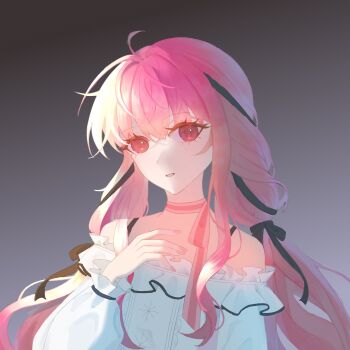 1girl absurdres ahoge bare_shoulders black_bow black_ribbon bow bow_choker bowtie bra_strap brown_eyes buttons center_frills chinese_commentary choker commentary_request dot_nose eyelashes frilled_shirt frilled_sleeves frills gradient_background grey_background hair_between_eyes hair_bow hair_intakes hair_ribbon hand_on_own_chest happy highres infinity_nikki light_smile long_hair long_sidelocks long_sleeves looking_at_viewer loose_hair_strand low_twintails nail_polish nikki_(nikki) nikki_(series) off-shoulder_shirt off_shoulder open_mouth perfect_start_(infinity_nikki) pink_bow pink_bowtie pink_choker pink_hair pink_nails puffy_long_sleeves puffy_sleeves ribbon shirt sidelocks simple_background single_stripe snowflakes solo striped_bow striped_bowtie striped_choker striped_clothes tress_ribbon twintails upper_body very_long_hair white_shirt xizhenzhenzhen