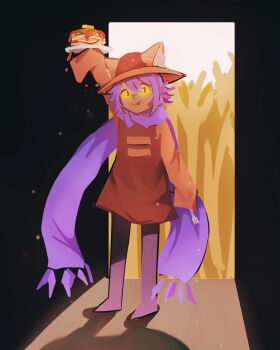 1other absurdres animal_ears arm_up brown_coat brown_hat butter cat_ears coat colored_sclera door food full_body hat hat_with_ears highres holding holding_plate latti_tudes long_scarf long_sleeves niko_(oneshot) oneshot_(game) other_focus pancake pancake_stack plate purple_hair scarf shadow short_hair solo standing syrup tongue tongue_out yellow_sclera