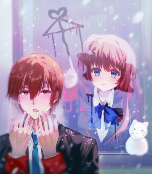 Rule 34 | 1boy, 1girl, 3:, a-chan (little busters!), absurdres, ai ai gasa, animal print, black jacket, blazer, blue bow, blue bowtie, blue eyes, blue necktie, blush, bow, bowtie, breath, brown hair, cat print, closed mouth, collared shirt, commentary request, eyelashes, hair between eyes, hair intakes, hand up, hands up, heart, hetero, highres, index finger raised, indoors, jacket, little busters!, little busters! school uniform, long hair, long sleeves, looking at another, looking up, miiizuno lbs, mini snowman, natsume kyousuke, necktie, open mouth, outdoors, school uniform, shirt, short hair, sidelocks, smudge, snow, snowing, snowman, upper body, upturned eyes, very long hair, white shirt, window, winter