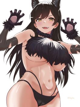 &gt;:) 1girl absurdres animal_ears animal_hands artist_name atago_(azur_lane) atago_(full_moon&#039;s_feral_wolf)_(azur_lane) azur_lane bikini black_bikini black_hair blush breasts chieftain_art13 claw_pose claws commentary cowboy_shot dog_ears dog_girl english_commentary extra_ears fangs fur-trimmed_bikini fur-trimmed_gloves fur_bikini fur_trim gloves green_eyes halloween_costume hands_up highres large_breasts long_hair looking_at_viewer mole mole_under_eye navel official_alternate_costume open_mouth paw_gloves paw_shoes simple_background smile solo stomach swept_bangs swimsuit teeth thighs torn_clothes underboob v-shaped_eyebrows werewolf werewolf_costume white_background