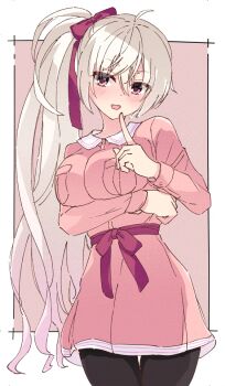 1girl :d adversarial_noise ahoge akizuki_kanna arm_under_breasts black_pantyhose blush border bow breasts cafe_stella_to_shinigami_no_chou commentary cowboy_shot crossed_bangs eyes_visible_through_hair hair_between_eyes hair_bow hair_ribbon index_finger_raised large_breasts long_hair long_sleeves looking_at_viewer okaeru open_mouth outside_border pantyhose pink_background pink_shirt pink_skirt purple_eyes red_bow red_ribbon ribbon shirt side_ponytail simple_background skirt smile solo thigh_gap very_long_hair white_border white_hair