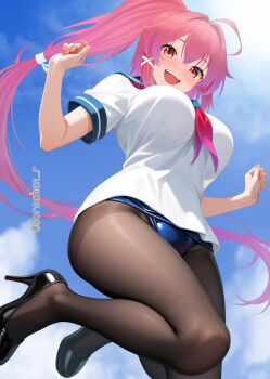 Rule 34 | 1girl, ahoge, black shoes, blush, breasts, commentary request, day, dorachan r, hair ribbon, high heels, highleg, highres, i-168 (kancolle), jumping, kantai collection, long hair, looking at viewer, one-piece swimsuit, open mouth, outdoors, pantyhose, pantyhose under swimsuit, pink hair, ponytail, red eyes, red hair, ribbon, school swimsuit, school uniform, serafuku, serasuku, shoes, smile, solo, swimsuit, swimsuit under clothes