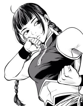 1girl abs ahoge armpit_peek braid breasts chinese_clothes commentary_request crop_top dutch_angle earrings from_below greyscale hatching_(texture) highres jewelry lee_(dragon_garou) light_blush linea_alba lips low_twin_braids medium_breasts midriff monochrome original sidelocks sleeveless solo stud_earrings twin_braids wristband