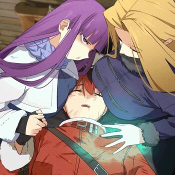 1boy 3girls angry animated animated_gif breast_press breasts brown_hair closed_eyes coat elf energy fern_(sousou_no_frieren) frieren healing holding_hands huge_breasts hurt jealous khyle. large_breasts long_hair methode_(sousou_no_frieren) multiple_girls pointy_ears purple_eyes purple_hair red_hair sexually_suggestive sousou_no_frieren stark_(sousou_no_frieren) unconscious video white_hair wounds