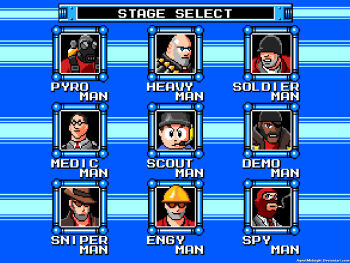 6+boys agentmidnight agentmidnight_(artist) blu_scout_(tf2) capcom cigarette crossover demoman_(tf2) engineer_(tf2) eyepatch goggles heavy_(tf2) male_focus medic_(tf2) mega_man_(series) multiple_boys parody pyro_(tf2) red_demoman_(tf2) red_engineer_(tf2) red_heavy_(tf2) red_medic_(tf2) red_pyro_(tf2) red_sniper_(tf2) red_soldier_(tf2) red_spy_(tf2) scout_(tf2) sniper_(tf2) soldier_(tf2) spy_(tf2) sunglasses team_fortress_2