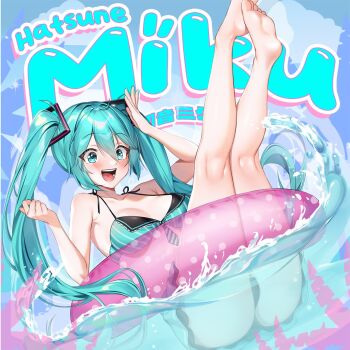 1girl aqua_bikini aqua_eyes aqua_hair aqua_nails arm_up armpits artist_name ass bare_shoulders barefoot bikini blush breasts buoy cleavage copyright_name cover double-parted_bangs eyelashes fake_cover fake_magazine_cover feet float hair_between_eyes hair_ornament hatsune_miku illegalwaifus legs_up long_hair magazine_cover medium_breasts open_mouth raised_eyebrows self-upload shiny_skin smile solo swimsuit teeth thighs tongue twintails vocaloid water watermark