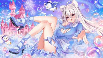 Rule 34 | 1girl, absurdres, ahoge, animal, animal ears, bear ears, bear girl, bird, black eyes, blue bow, blue dress, blue shoes, blue socks, bow, breasts, bubble, castle, cleavage, cleavage cutout, clothing cutout, commentary, commission, double-parted bangs, dress, english commentary, full body, fuufie, hair between eyes, harunaki, heart cutout, heterochromia, high heels, highres, indie virtual youtuber, knees up, large breasts, legs, long hair, long sleeves, looking at viewer, open mouth, penguin, purple eyes, reaching, reaching towards viewer, shoes, short dress, smile, socks, solo, thigh bow, virtual youtuber, white hair