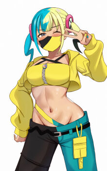 1girl absurdres aqua_hair bandeau black_hair black_mask blonde_hair blue_eyes blue_nails blush breasts canari_(pokemon) groin highres jacket large_breasts looking_at_viewer multicolored_nails nintendo nootomo one_eye_closed pants pokemon pokemon_legends:_z-a simple_background solo two-tone_mask two-tone_pants v white_background yellow_bandeau yellow_jacket yellow_nails