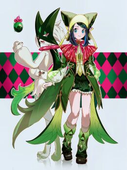 1girl alternate_costume aqua_eyes black_hair black_shoes bow bowtie closed_mouth coat commentary_request copituji green_coat green_shorts hair_ornament hairclip hat highres leg_warmers liko_(pokemon) long_hair long_sleeves looking_at_viewer meowscarada nintendo open_clothes open_coat pink_bow pink_bowtie pokemon pokemon_(anime) pokemon_(creature) pokemon_horizons shoes shorts sidelocks smile standing swept_bangs