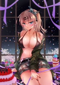Rule 34 | 1girl, belt, black belt, black bra, black nails, blonde hair, blue eyes, blue skirt, blush, bra, breasts, cake, collarbone, commentary request, food, fruit, green ribbon, green shirt, hair ornament, hair ribbon, hairpin, highres, ichiyou moka, long hair, maezawa haruka (ichiyou moka), multicolored skirt, navel, open clothes, open mouth, open shirt, parfait, plaid clothes, plaid skirt, ribbon, saimin kanojo (ichiyou moka), shirt, skirt, solo, strawberry, streamers, underwear