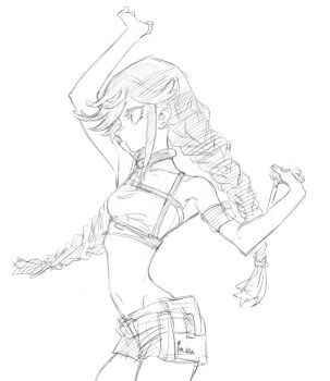 1girl arms_up bare_shoulders braid choker collarbone cowboy_shot crop_top flipped_bangs gachiakuta greyscale highres hip_bones low_twin_braids monochrome navel p_(pm_611a) riyo_reaper shorts simple_background sketch skinny solo twin_braids
