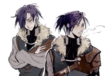 1boy armor black_shirt blue_hair blue_tunic cape_clasp closed_mouth commentary crossed_arms dark_blue_hair english_commentary felix_hugo_fraldarius felix_hugo_fraldarius_(timeskip) fire_emblem fire_emblem:_three_houses frown fur_trim hair_over_one_eye leather_armor long_sleeves looking_to_the_side male_focus multiple_views nintendo one_eye_covered pauldrons ponytail puff_of_air shirt shoulder_armor sideways_glance simple_background single_pauldron tunic turtleneck upper_body white_background white_fur white_shirt yellow_eyes youriliquid