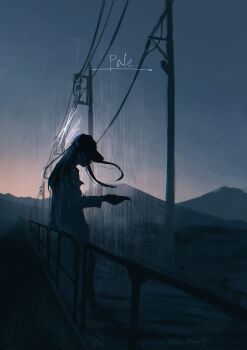 1girl absurdres against_railing baseball_cap black_hair blue_archive coat commentary_request dark english_text from_side glitch grey_sky halo hat highres holding holding_phone kani_etizen03 long_hair mountainous_horizon orange_sky outdoors phone power_lines railing saori_(blue_archive) scenery sky solo twitter_username utility_pole white_coat white_halo