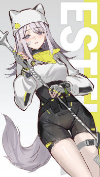 1girl absurdres arknights arknights:_endfield bandaid bandaid_on_cheek bandaid_on_face belt_pouch blue_eyes breasts character_name commentary estella_(arknights) eyelashes fingerless_gloves gloves grey_gloves grey_hair hat hat_with_ears highres holding holding_polearm holding_weapon hongbaise_raw long_hair long_sleeves mixed-language_commentary polearm pouch simple_background solo tail thigh_strap weapon wet white_hat