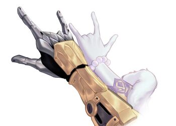 1boy 1girl \m/ bead_bracelet beads boothill_(honkai:_star_rail) bracelet commentary gloves highres honkai:_star_rail honkai_(series) jewelry reference robin_(honkai:_star_rail) simple_background smainmar vambraces white_background white_gloves