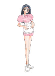 Rule 34 | 1990s (style), 1girl, apron, black hair, bow, collared dress, commentary, dress, english commentary, frilled apron, frills, full body, highres, long hair, looking to the side, original, pink bow, retro artstyle, shoes, sneakers, solo, vans, waitress, white apron, white footwear, yue (yung n dum )
